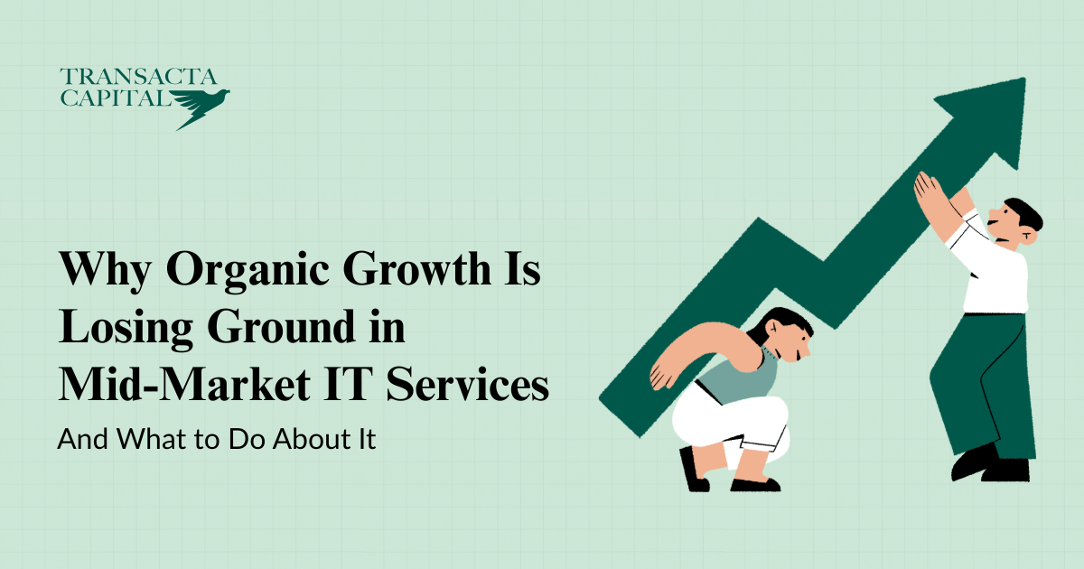 Mid-market IT services professionals reviewing M&A growth strategy data on a digital screen - Transacta Capital