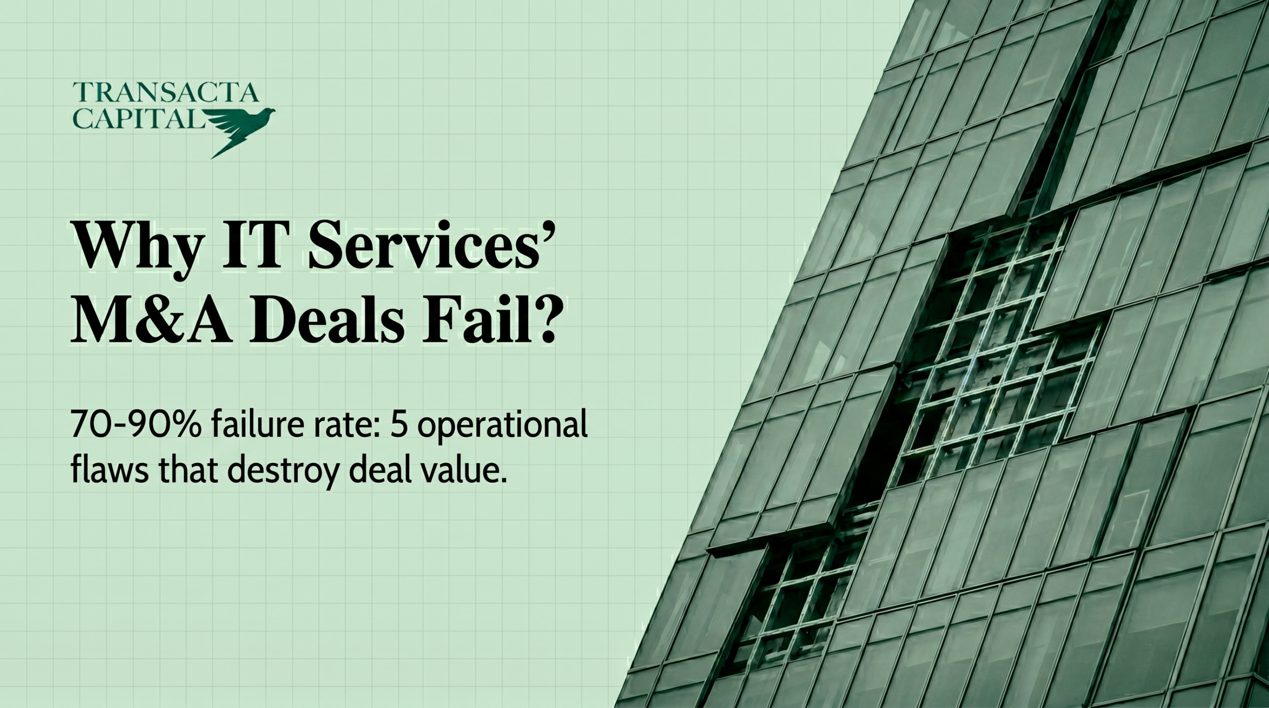 Transacta Capital blog banner: Why IT Services M&A Deals Fail and 70-90% failure rate and 5 operational flaws that destroy deal value